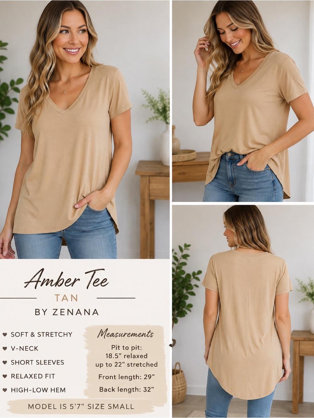Zenana Outfitters Amber Tee - Tan V-Neck Short Sleeve Top